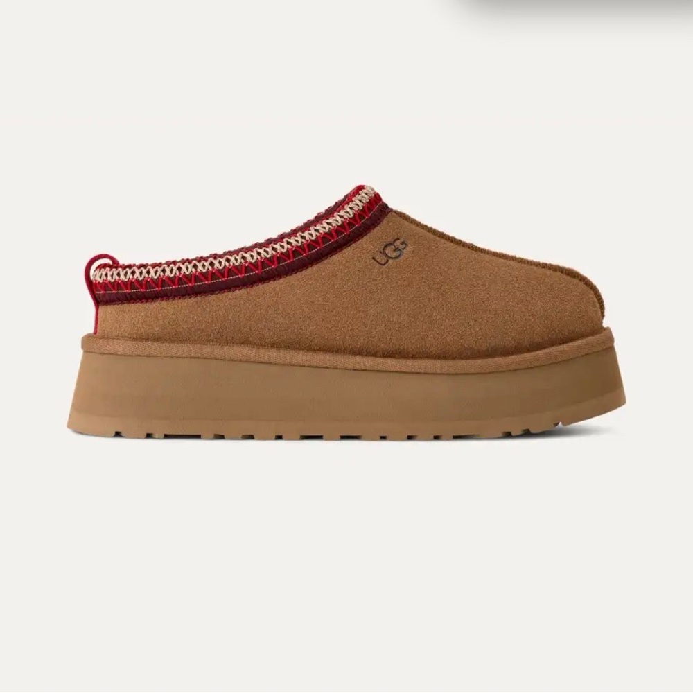 UGG Tazz II Chestnut Suede Slip-On Mule with Red and Cream Trim